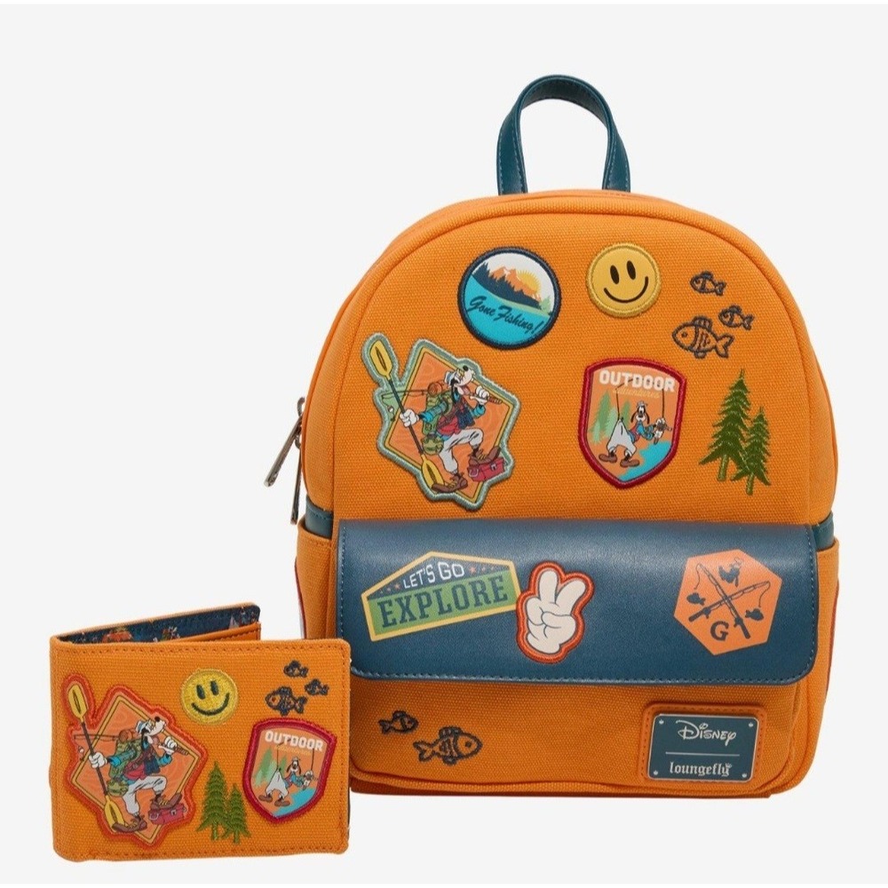 NEW! Loungefly Disney A Goofy Movie Camping Patches Backpack &‎ Matching WALLET!